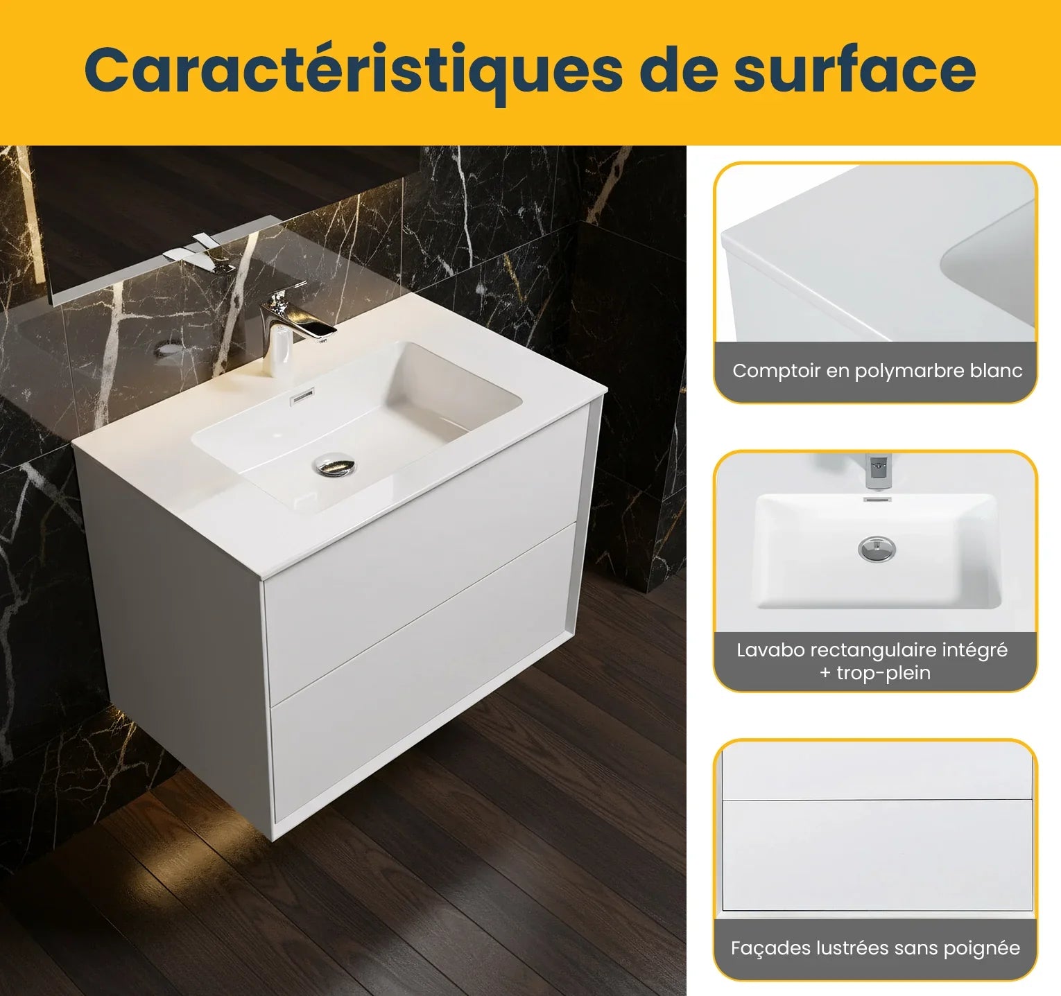 30" White Wall Mount Vanity with White Polymarble Countertop