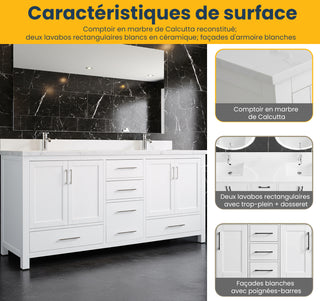 Meuble-Lavabo Autoportant 72po Blanc avec Comptoir de Marbre Ingénierie Calcutta