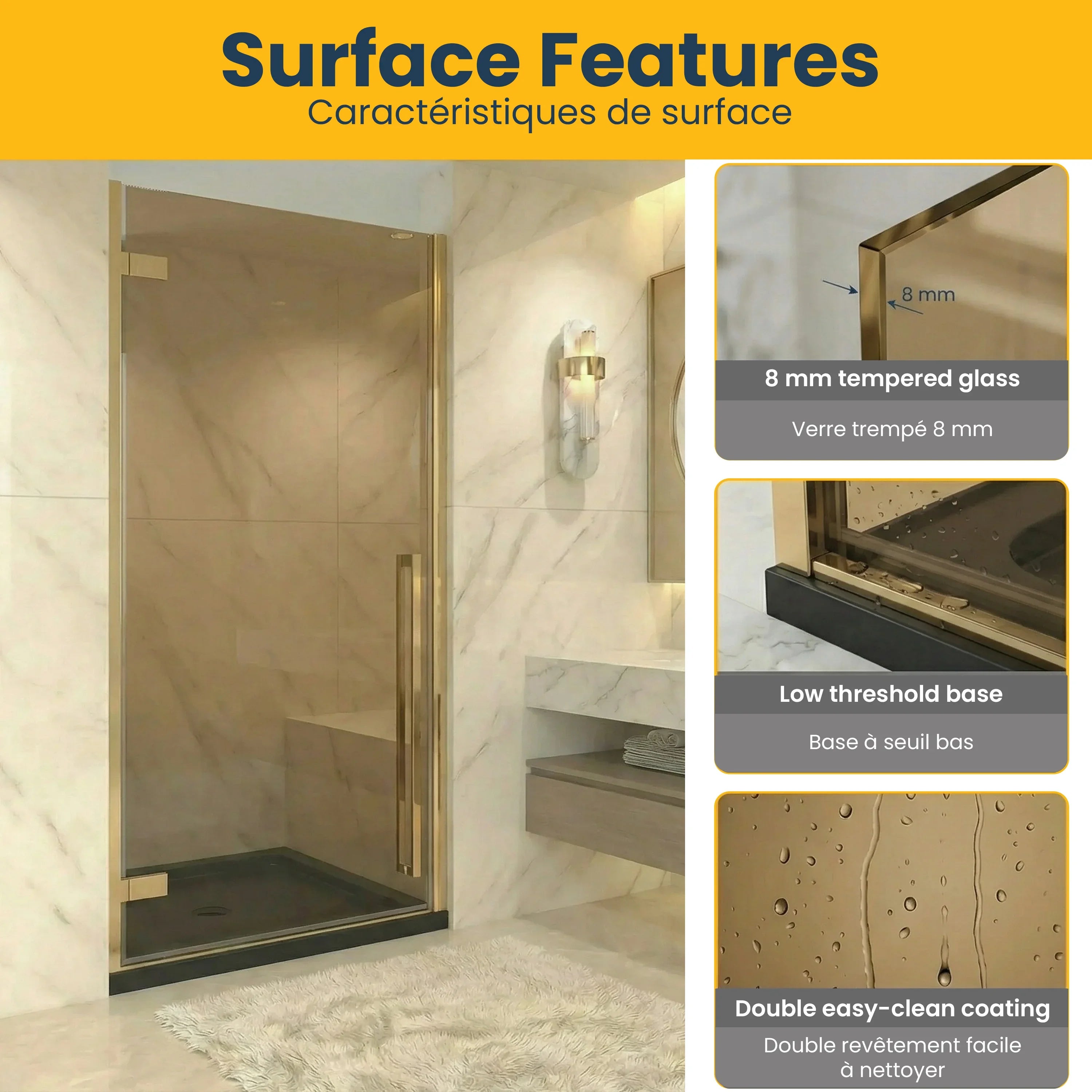 Porte de douche pivotante or brossé 36po x 79po avec verre teinté brun et base noire 36po