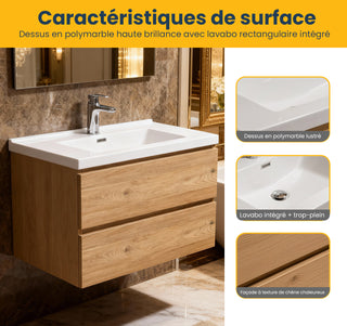 Meuble-lavabo mural de salle de bain en chêne brut 30" avec Comptoir en polymarbre blanc