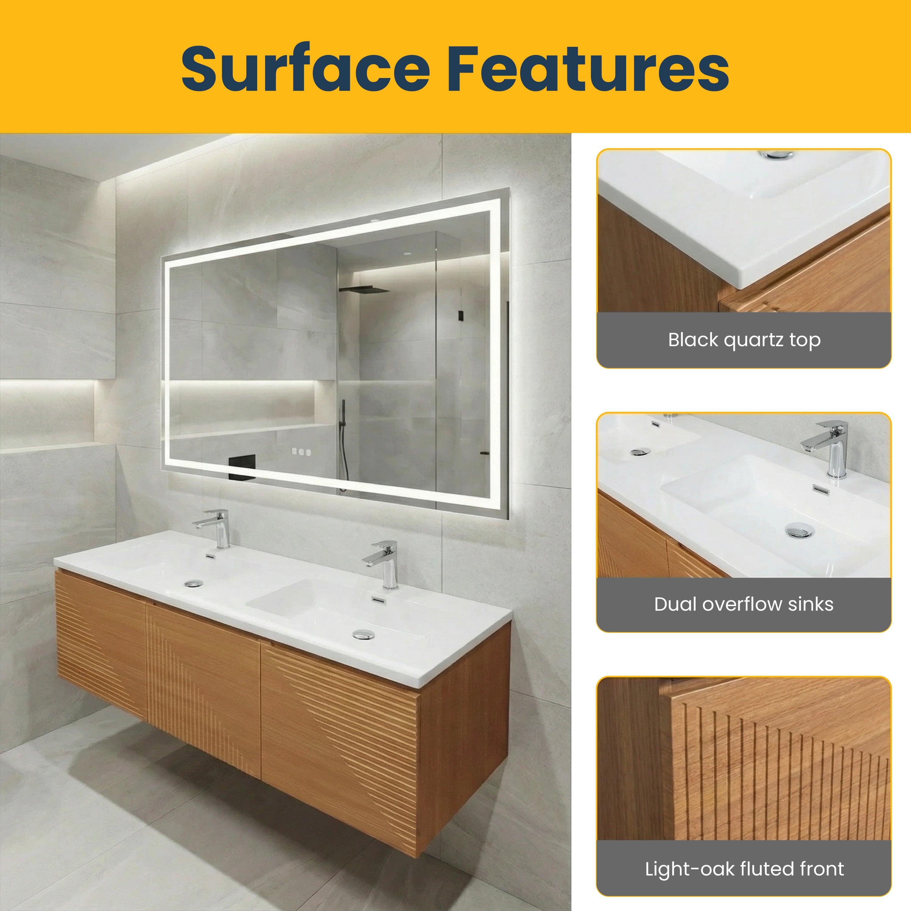60" Light Oak Wall-Mounted Double Sink Bathroom Vanity with White Polymarble Countertop