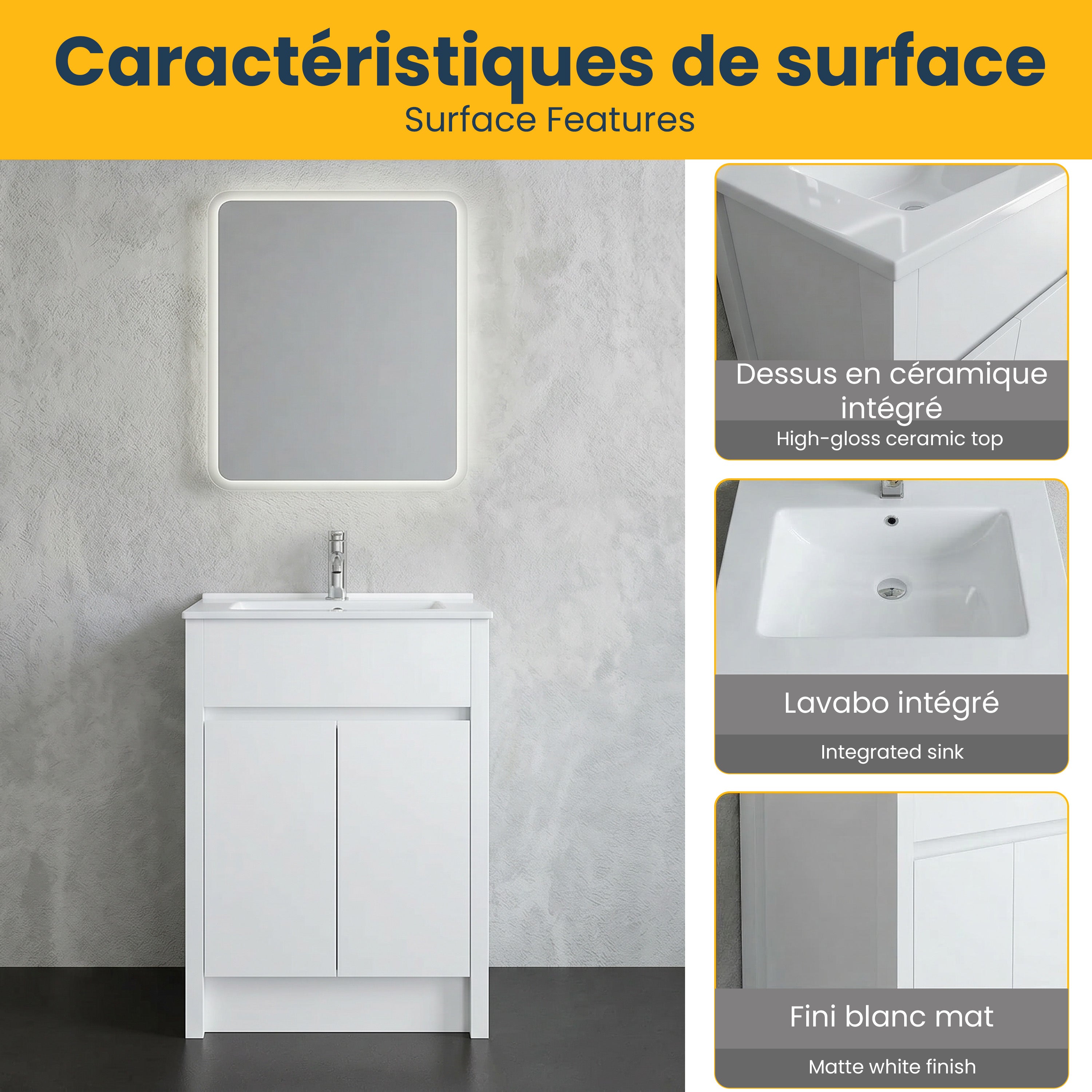 Meuble-Lavabo Autoportant 24po Chêne Blanc avec Comptoir de Céramique Blanc