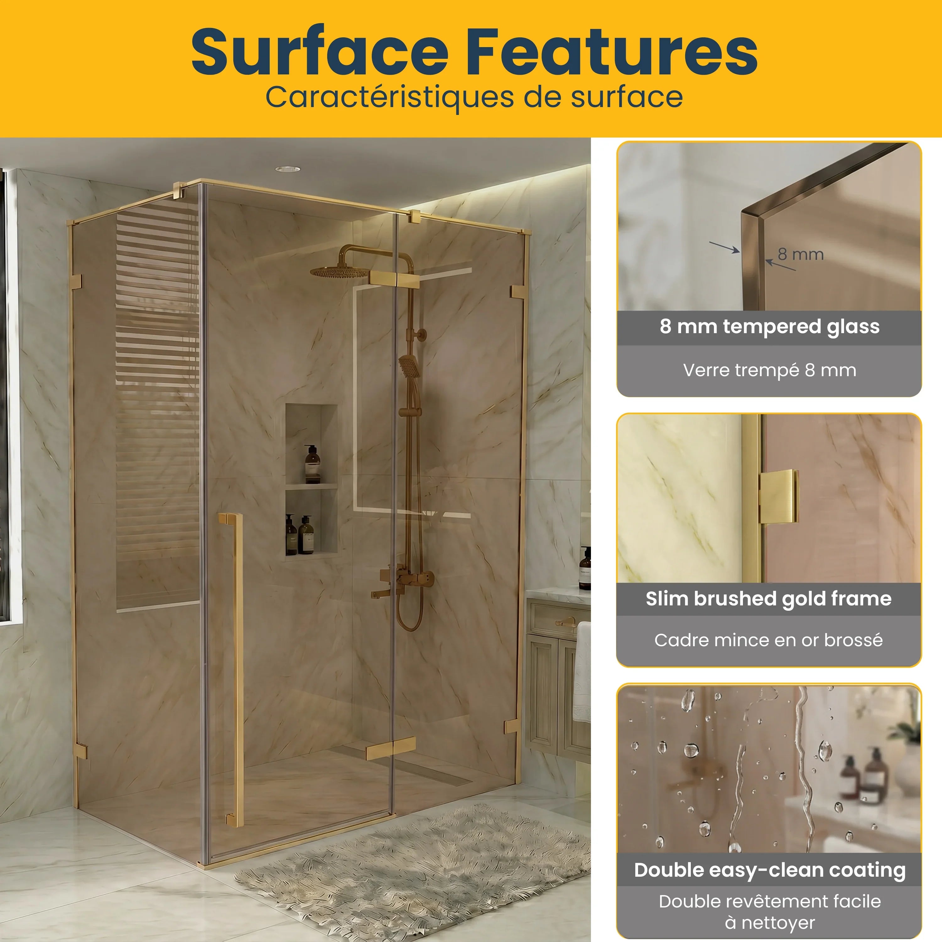 57.6"–58" x 79" Brushed Gold Reversible Pivot Shower Door with Brown Tinted Glass & 30.2"–30.5" Side Panel