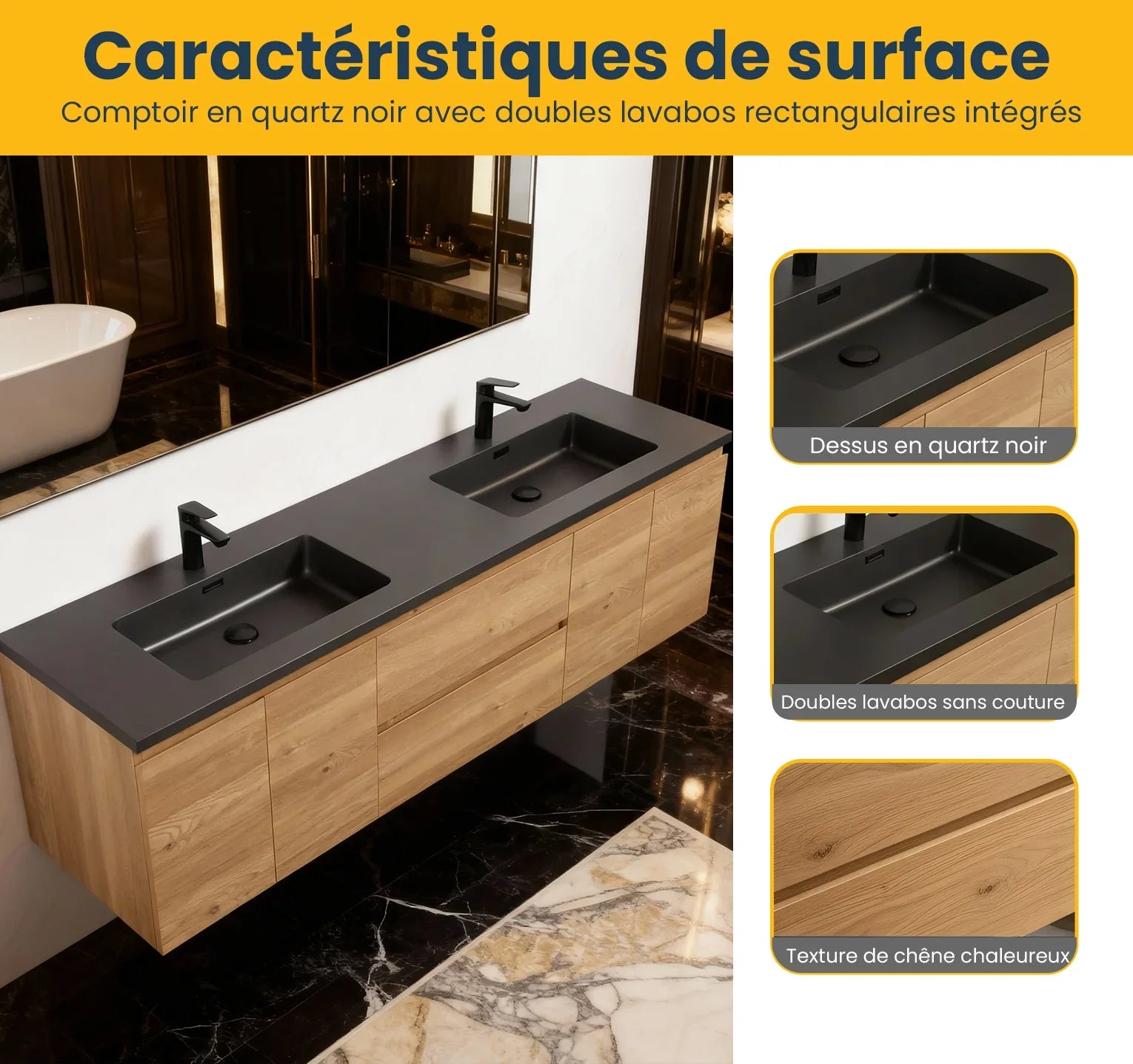 Meuble-Lavabo 72po Chêne Brut avec Comptoir de 72 Quartz Noir Lavabo Double