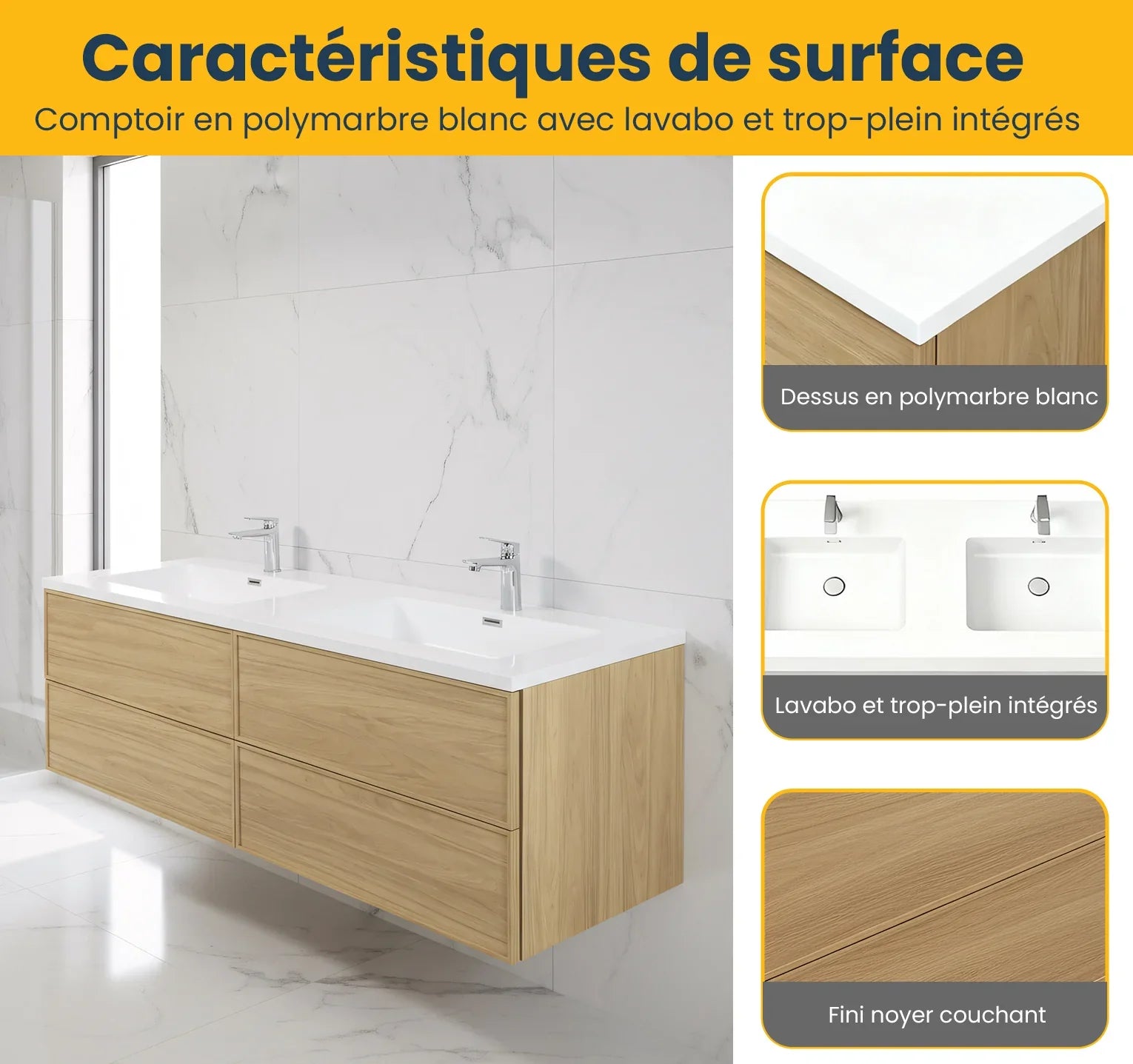 Meuble Lavabo Mural 60 pouces Noyer Couchant Double Vasque avec Comptoir Polymarbre Blanc