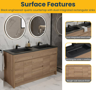 60" Rough Oak Freestanding Double Sink Bathroom Vanity with Black Engineered Quartz Countertop