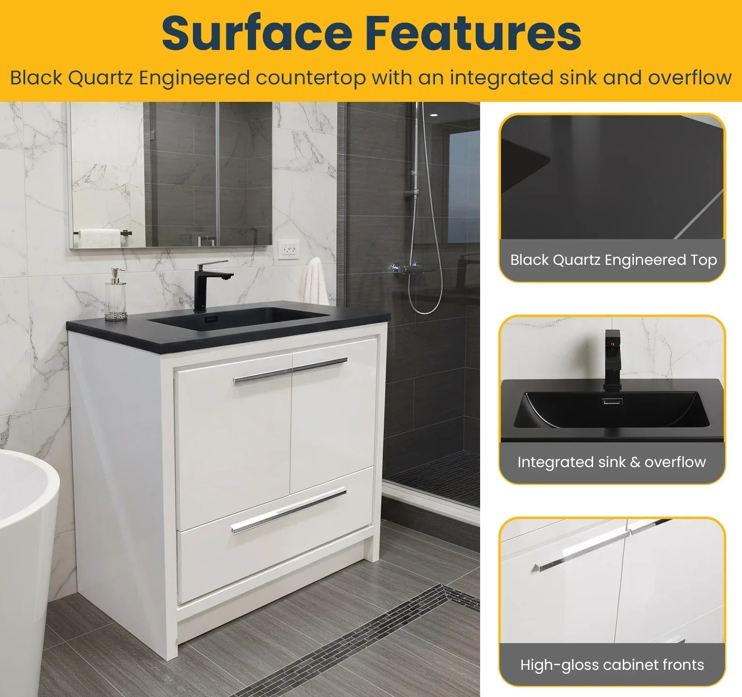 36" Glossy White Freestanding Bathroom Vanity with Black Engineered Quartz Countertop