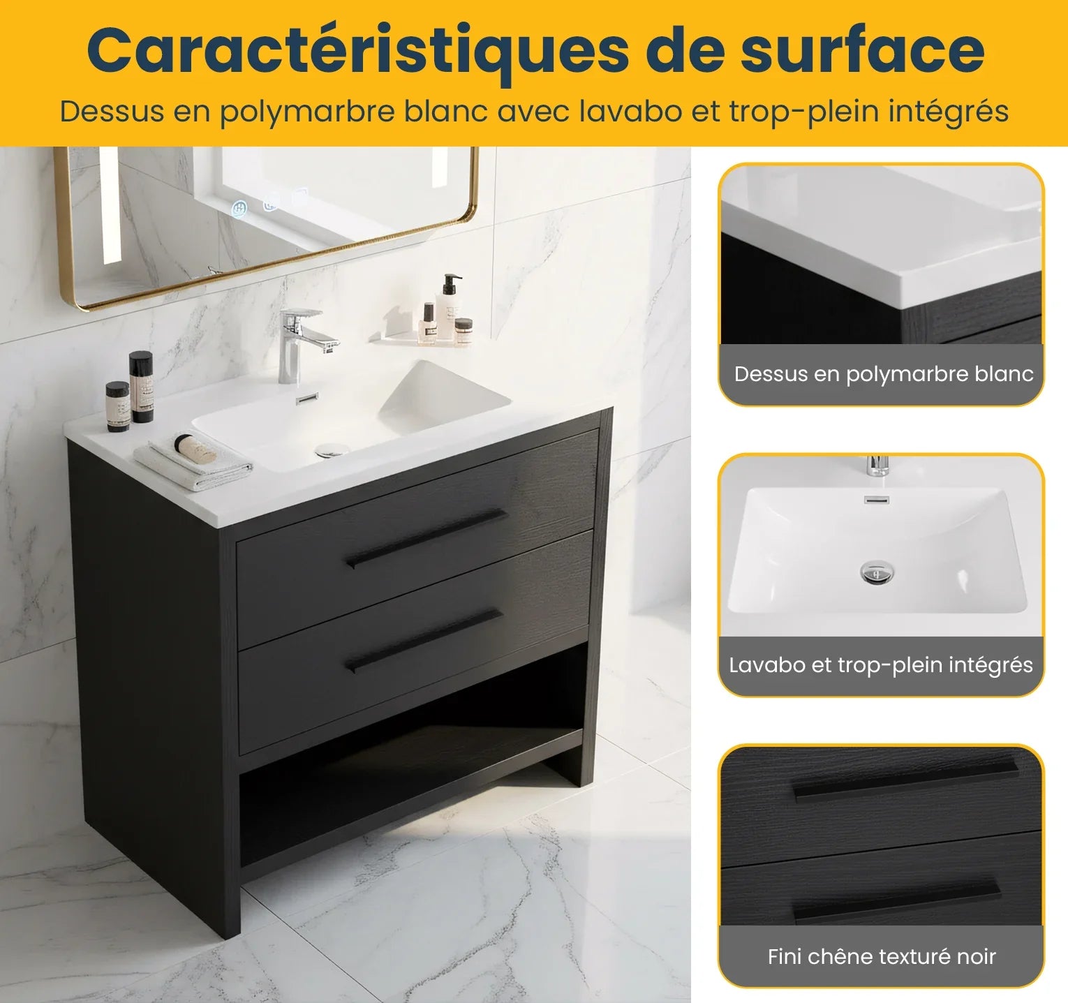 36" Black Rough Oak Freestanding Bathroom Vanity with White Polymarble Countertop