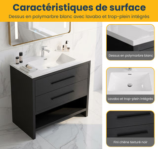 36" Black Rough Oak Freestanding Bathroom Vanity with White Polymarble Countertop