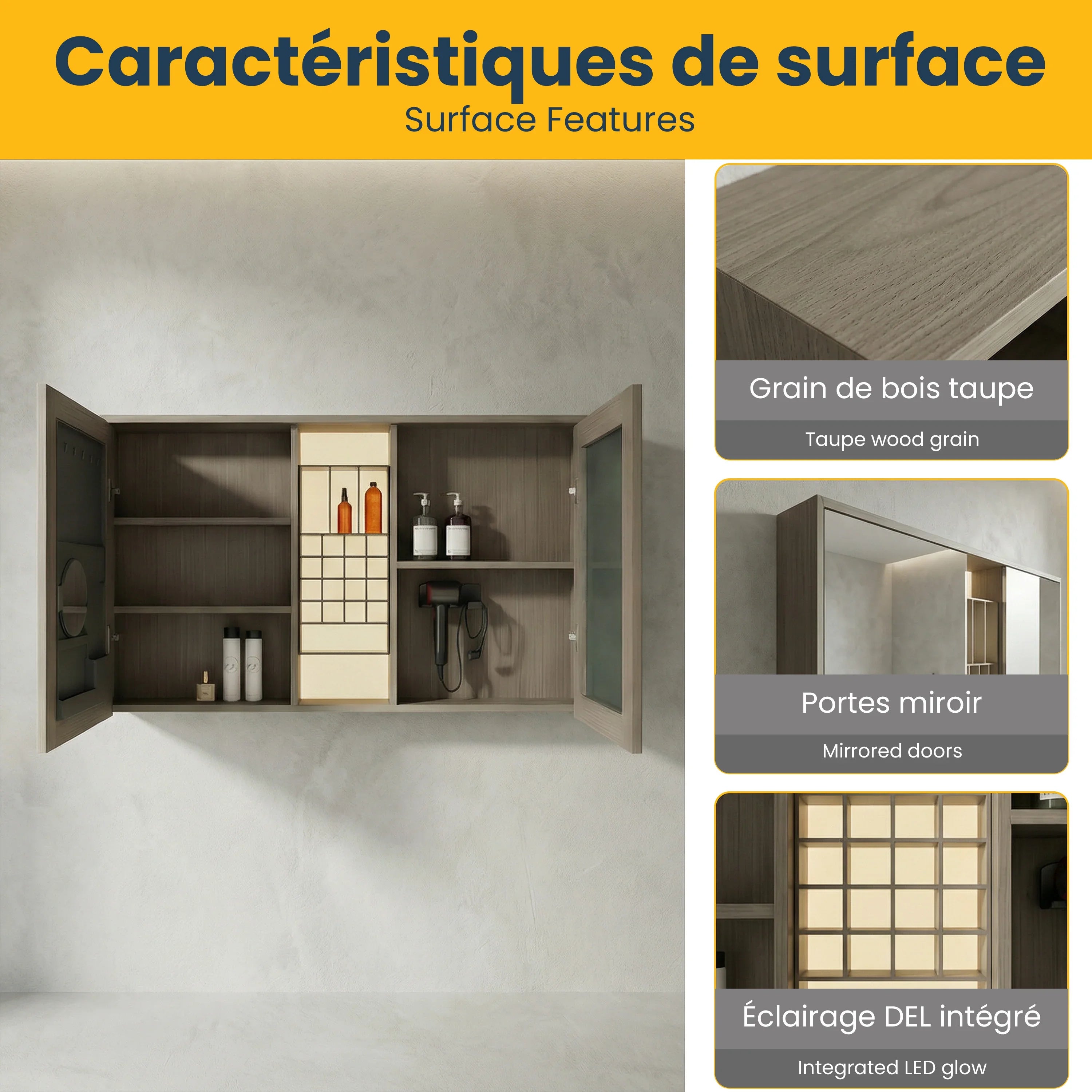 Armoire à Pharmacie DEL Taupe 48po avec Portes à Fermeture Douce