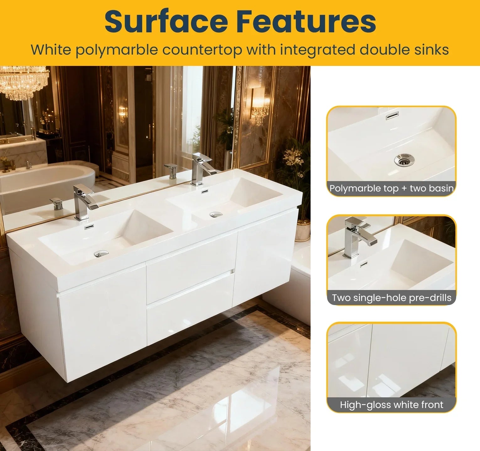 60" Glossy White Wall Mount Double Sink Bathroom Vanity with White Polymarble Countertop