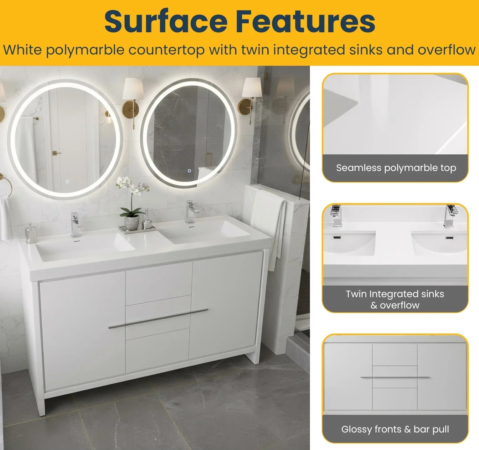 Meuble-Lavabo Autoportant 60po Blanc Brillant avec Comptoir de Polymarbre Blanc 