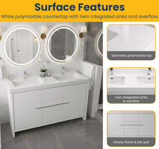 Meuble-Lavabo Autoportant 60po Blanc Brillant avec Comptoir de Polymarbre Blanc 