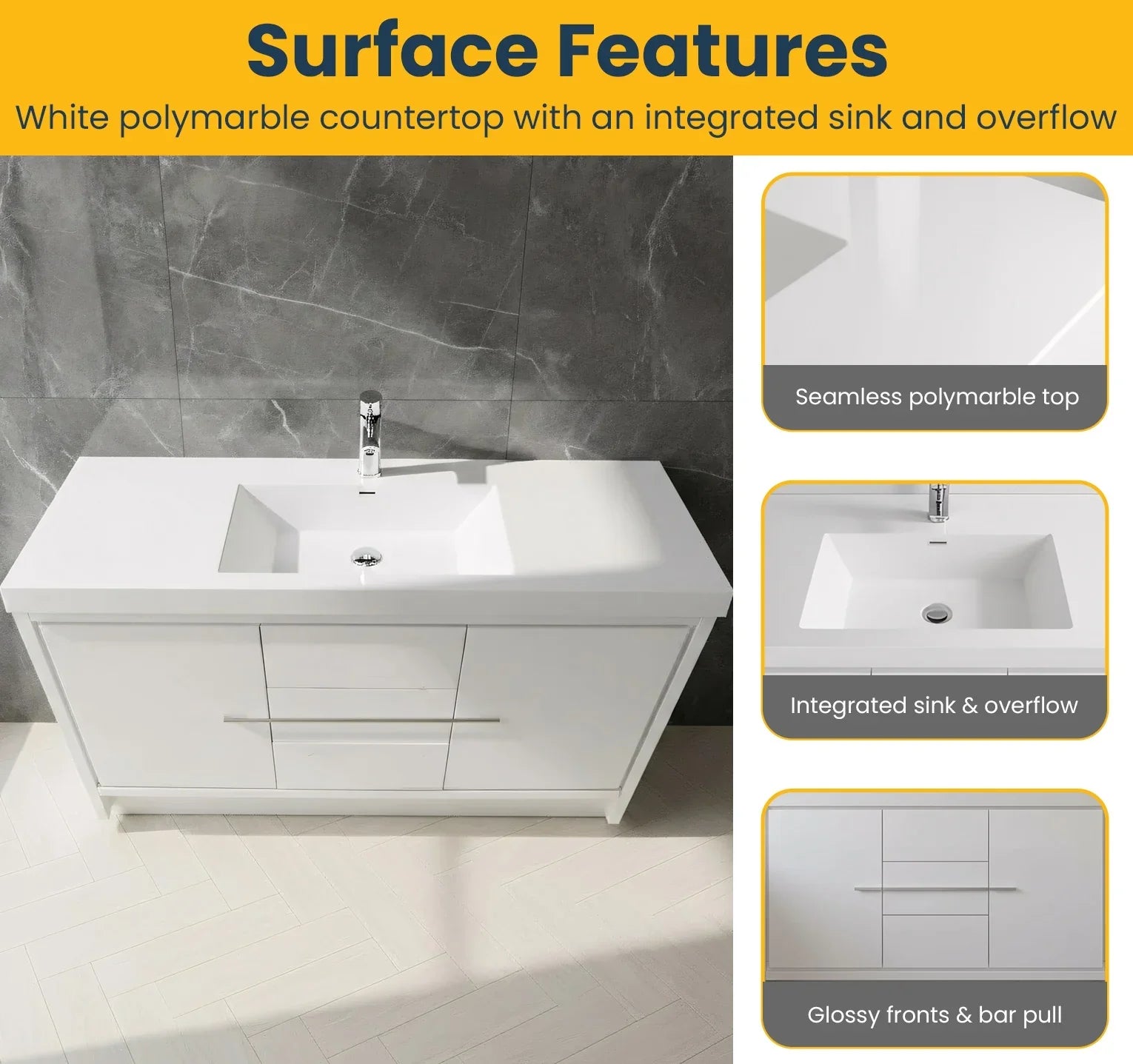 60" Glossy White Freestanding Single Sink Bathroom Vanity with White Polymarble Countertop