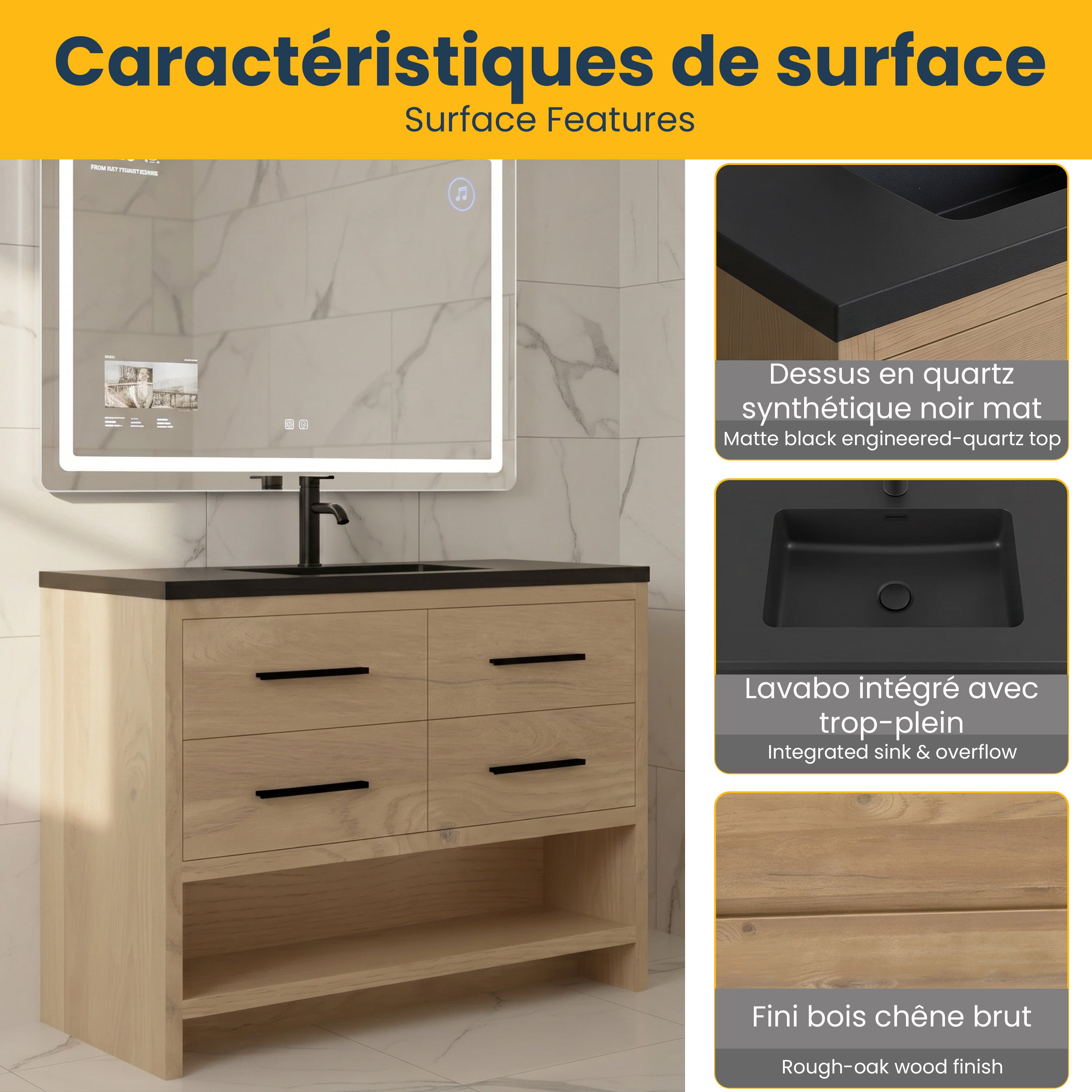 48" Rough Oak Freestanding Bathroom Vanity with Black Engineered Quartz Countertop