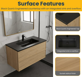 Meuble-Lavabo Mural 36po Noyer Couchant avec Comptoir de Quartz d'ingénierie Noir