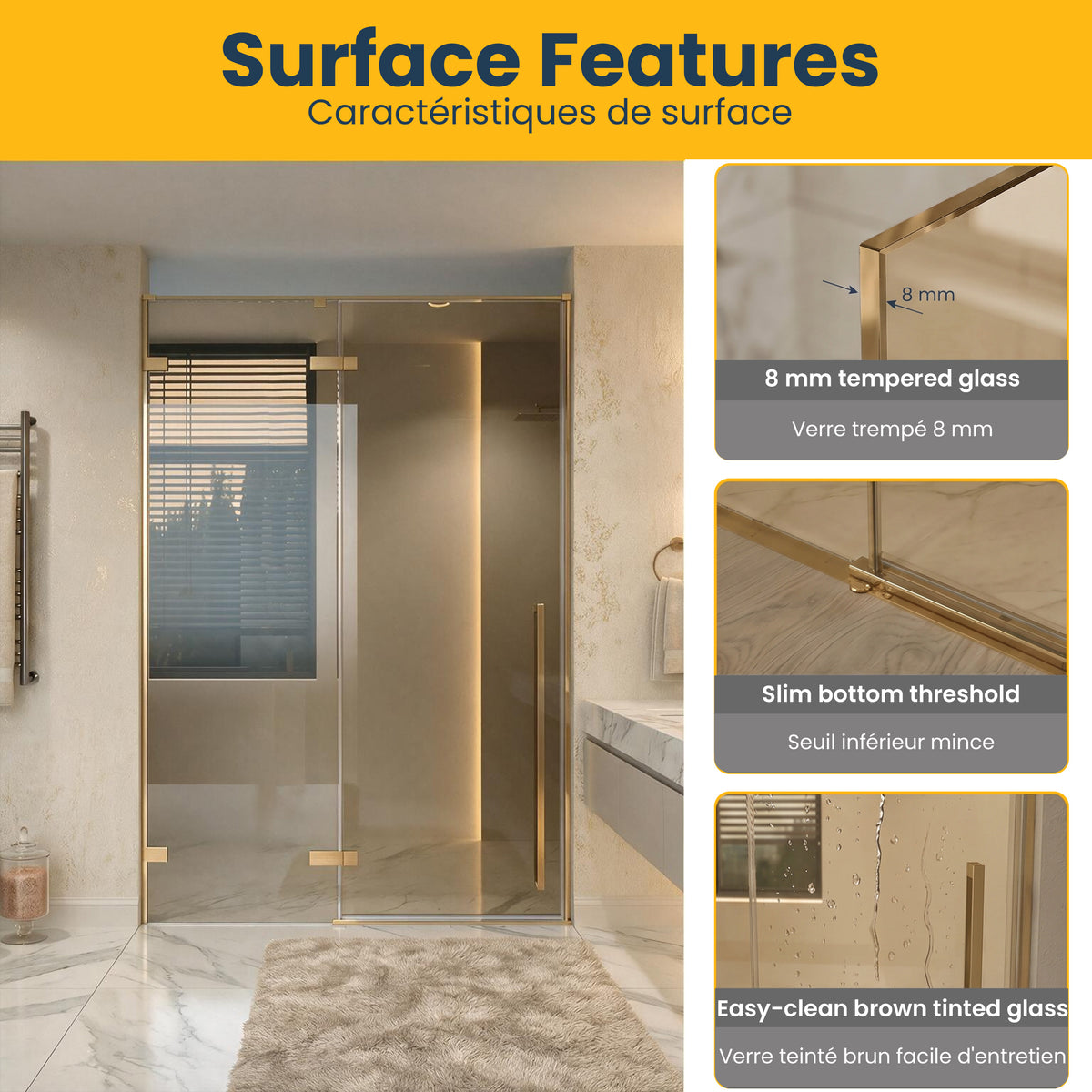 57.6"–58" W (Adjustable Width) x 79" H Frameless Reversible Pivot Shower Door in Brushed Gold with Brown Tinted Glass