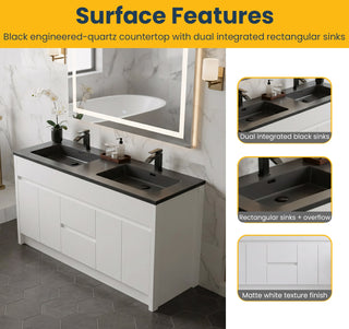 60" Matte White Freestanding Double Sink Bathroom Vanity with Black Engineered Quartz Countertop