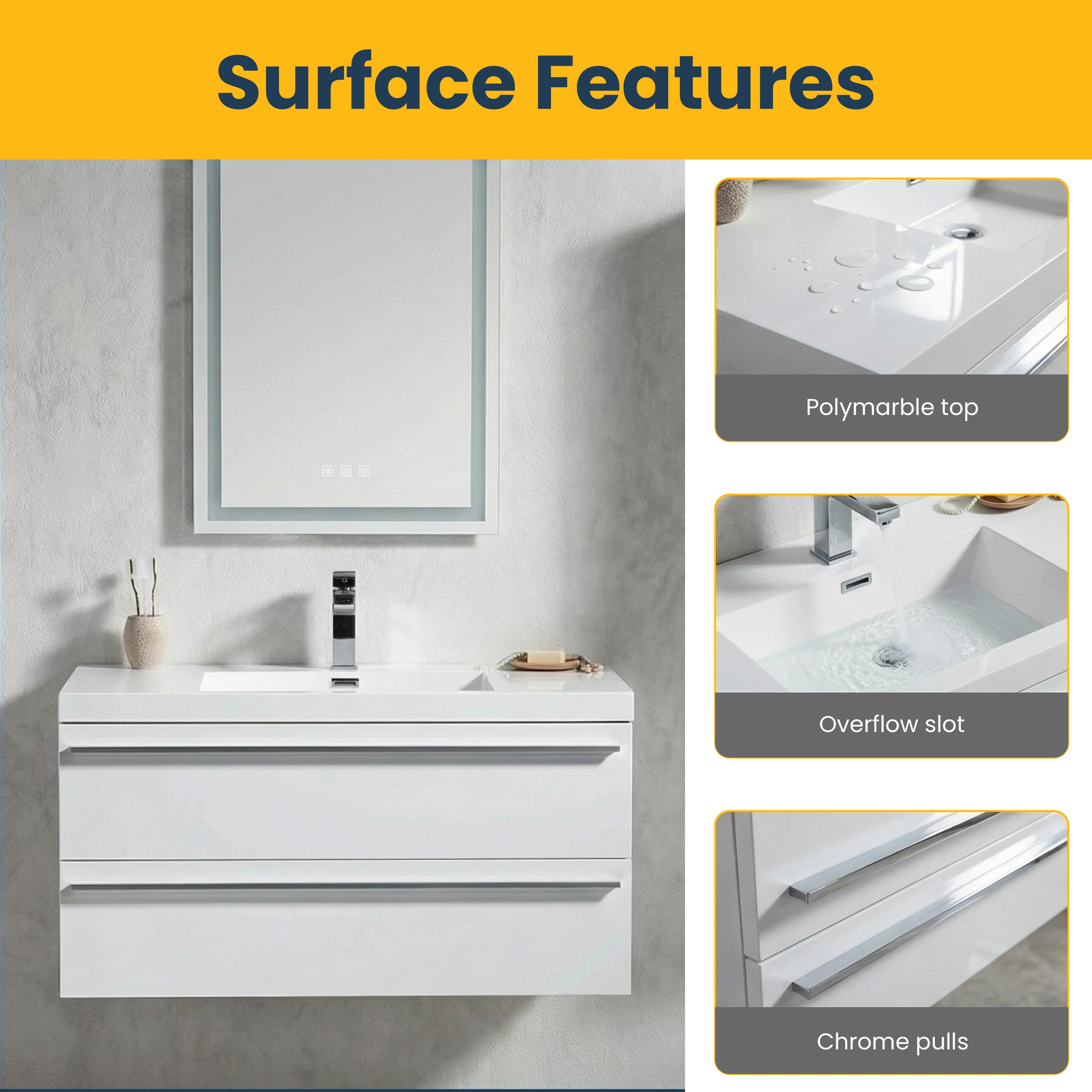 Meuble-Lavabo Mural Blanc de 36 po avec Comptoir en Polymarbre Blanc