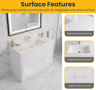 48" Glossy White Freestanding Single Sink Bathroom Vanity with White Polymarble Countertop