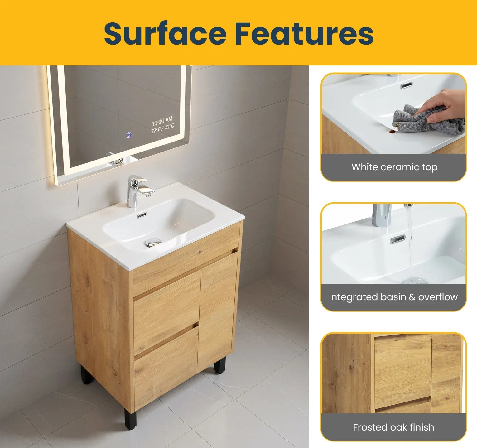 Meuble-Lavabo Autoportant 24po Chêne Givré avec Comptoir de Céramique Blanc