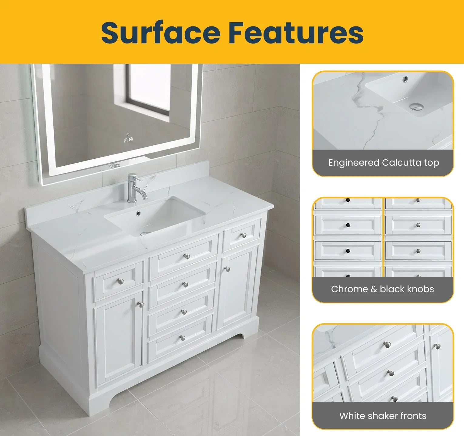 48" White Freestanding Bathroom Vanity with Engineered Calcutta Marble Countertop