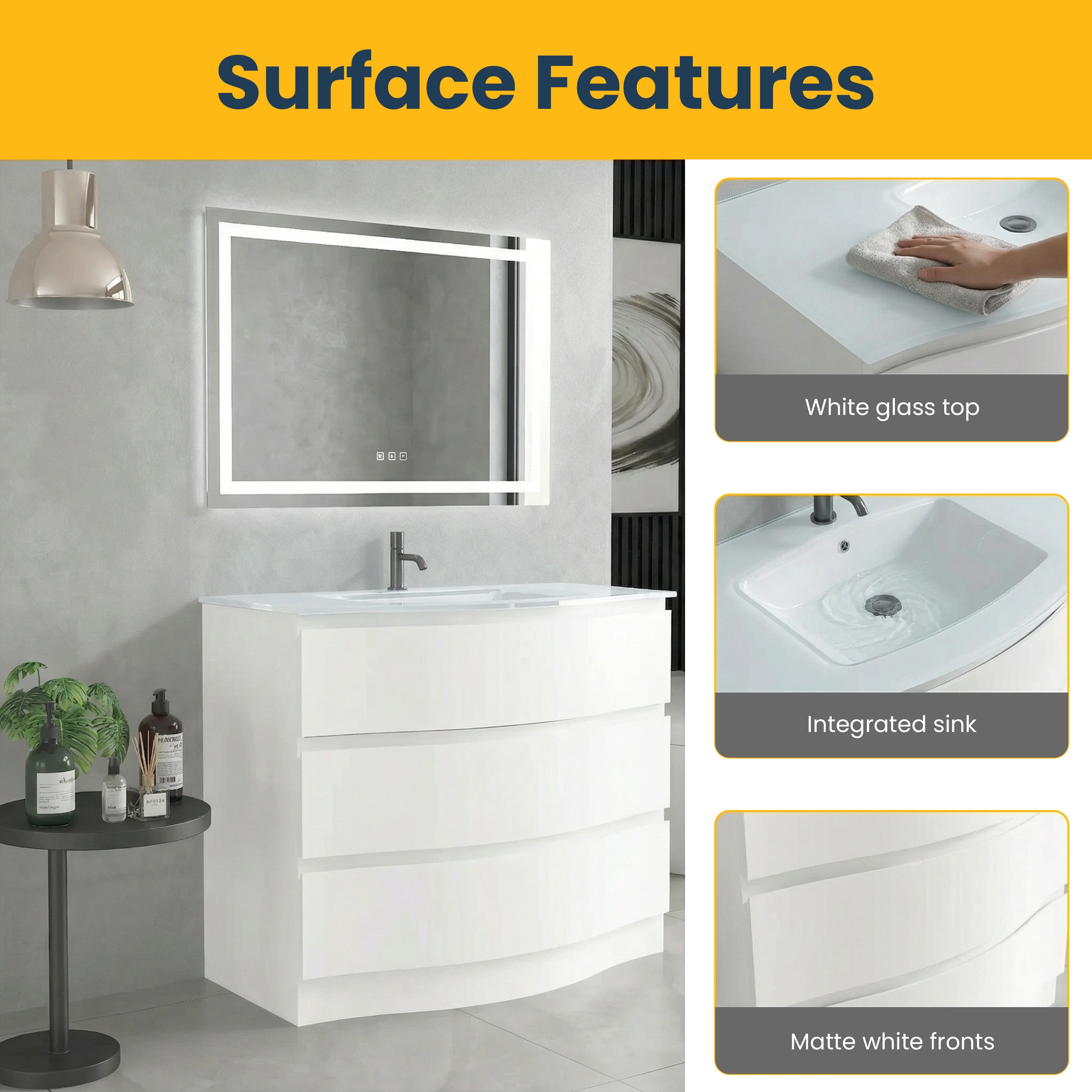 Meuble-Lavabo Autoportant 40po Blanc Mat avec Comptoir de Verre Blanc