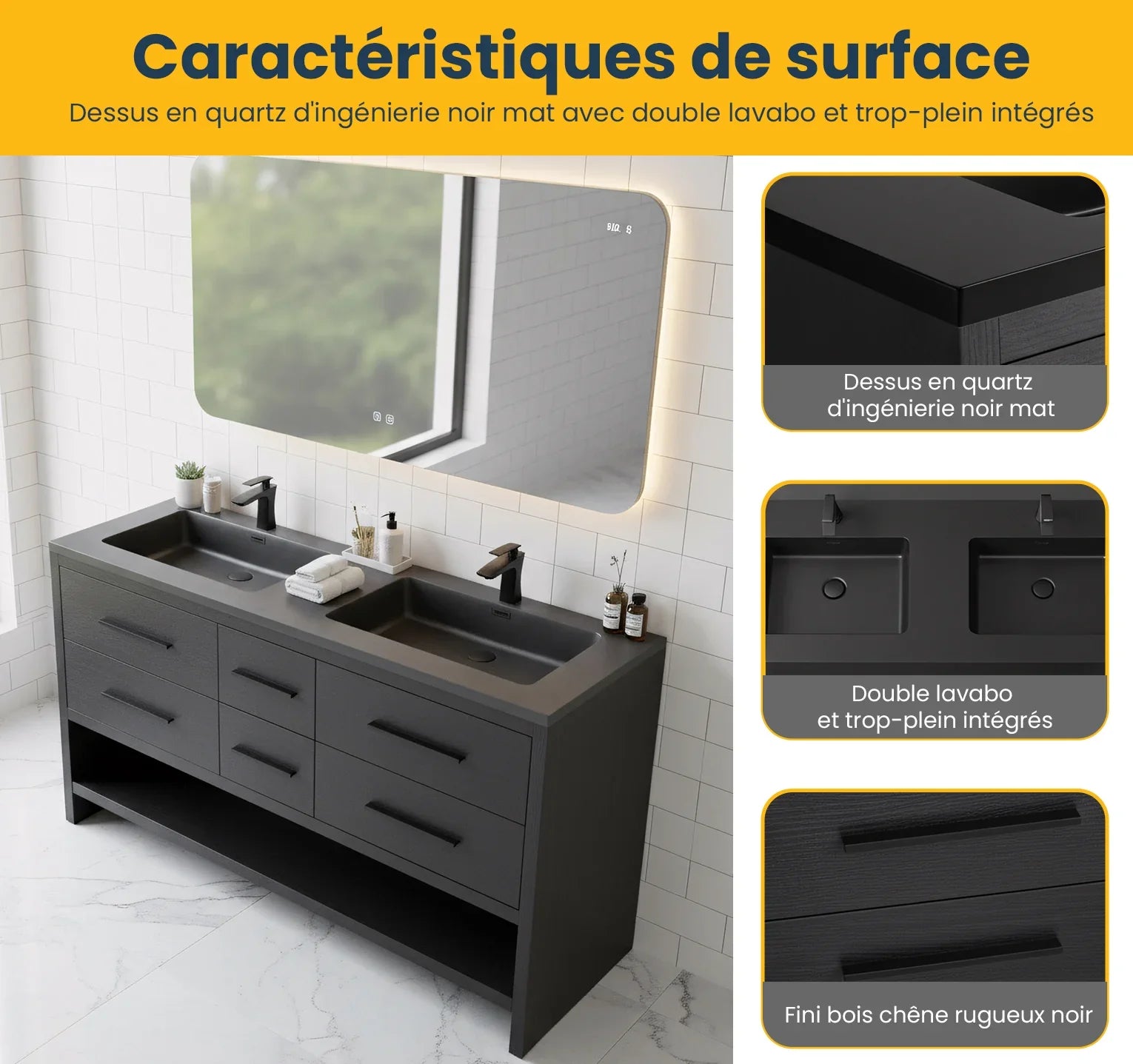 Meuble-lavabo de salle de bain autoportant en chêne brut noir de 72" avec Comptoir en quartz noir reconstitué