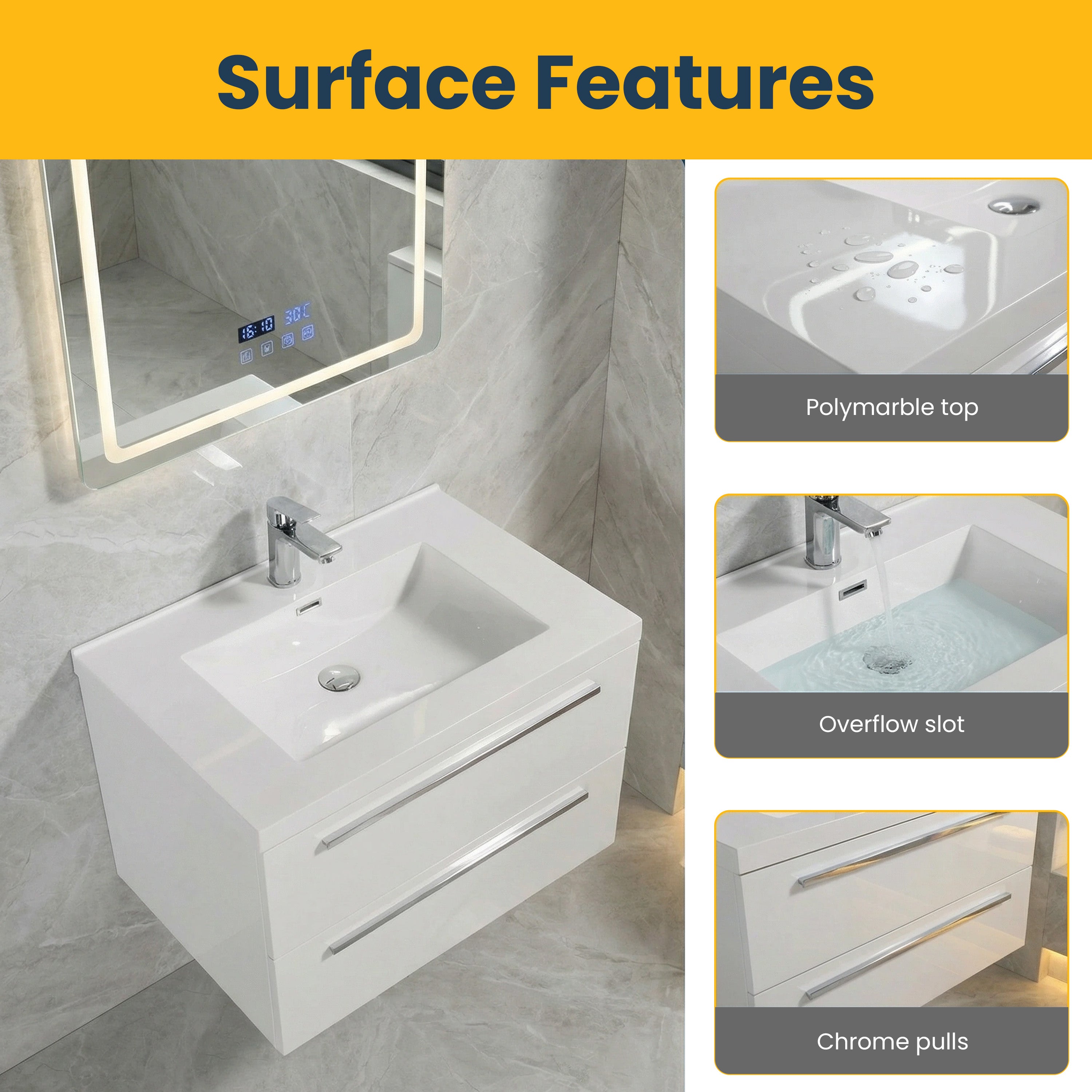 Meuble-Lavabo Mural 30po Blanc avec Comptoir de Polymarbre Blanc