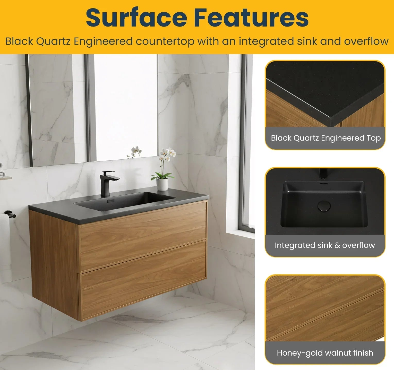 36" Honey Gold Walnut Wall Mount Bathroom Vanity with Black Engineered Quartz Countertop