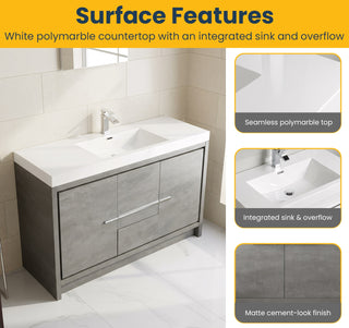 60" Cement Freestanding Single Sink Bathroom Vanity with White Polymarble Countertop