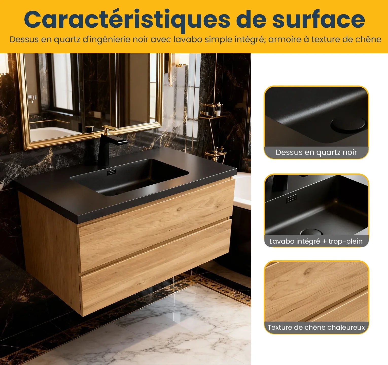 Meuble-Lavabo Mural 36po Chêne Brut avec Comptoir de Quartz d'ingénierie Noir
