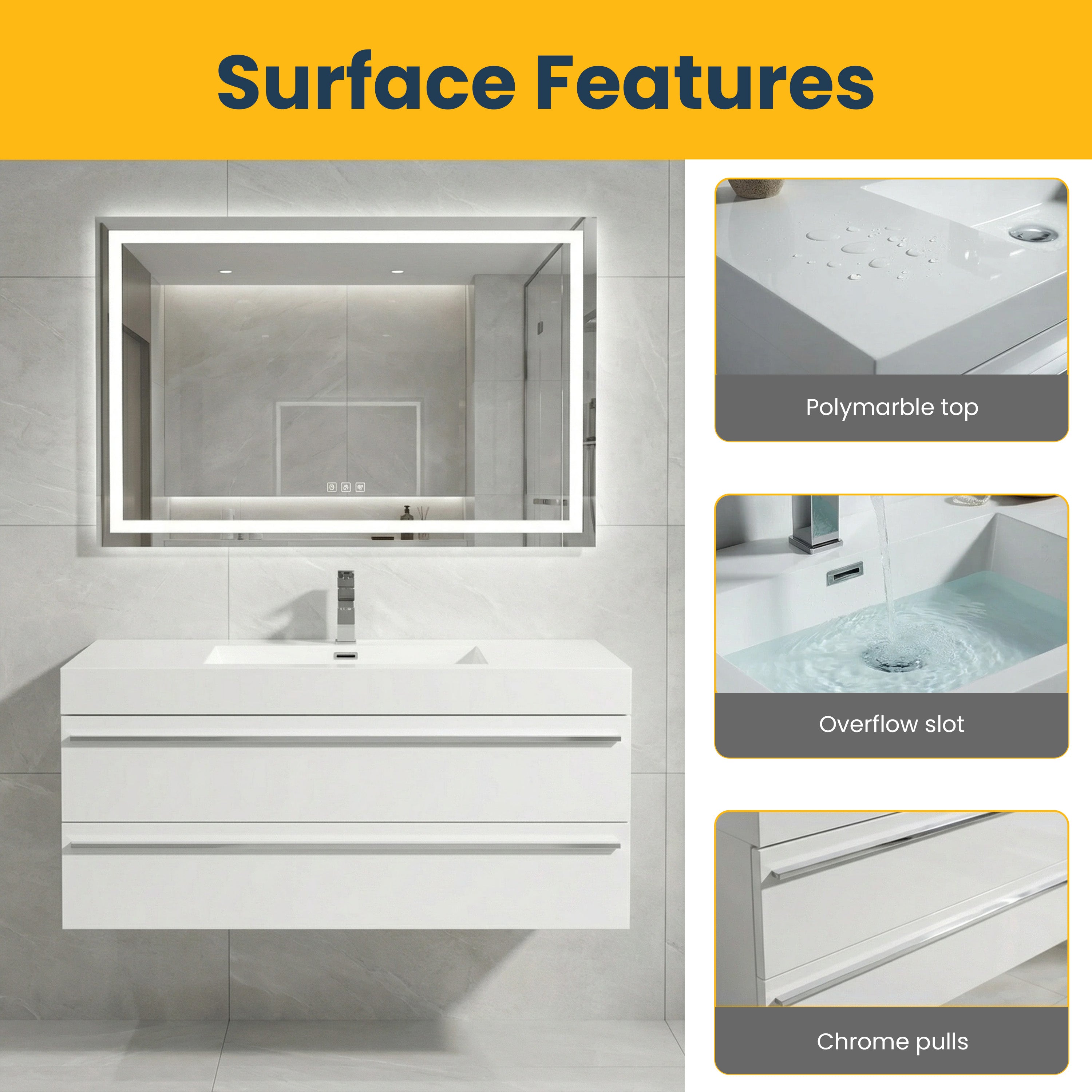 Meuble-Lavabo Mural Blanc de 48 po avec Comptoir en Polymarbre Blanc