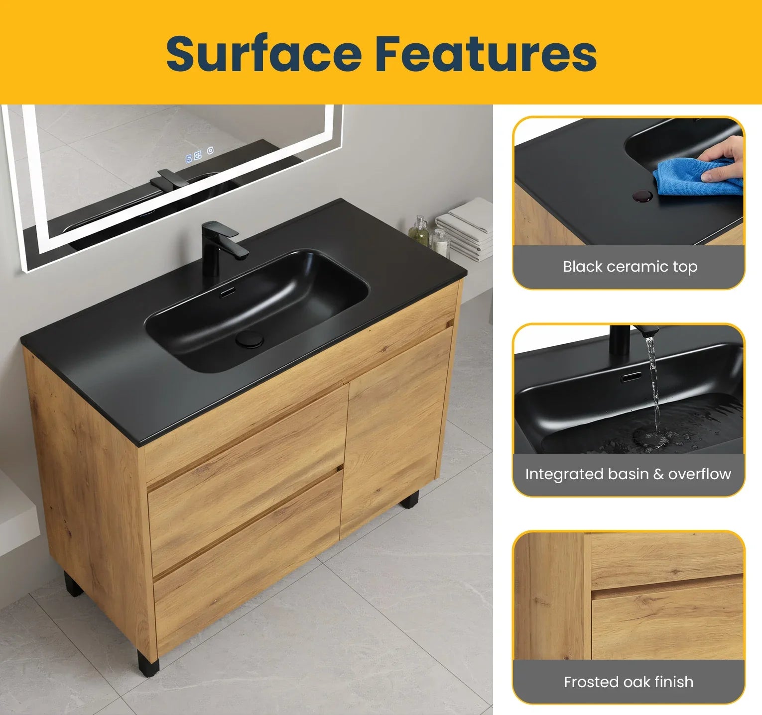 40" Frosted Oak Freestanding Single Sink Bathroom Vanity with Black Ceramic Countetop