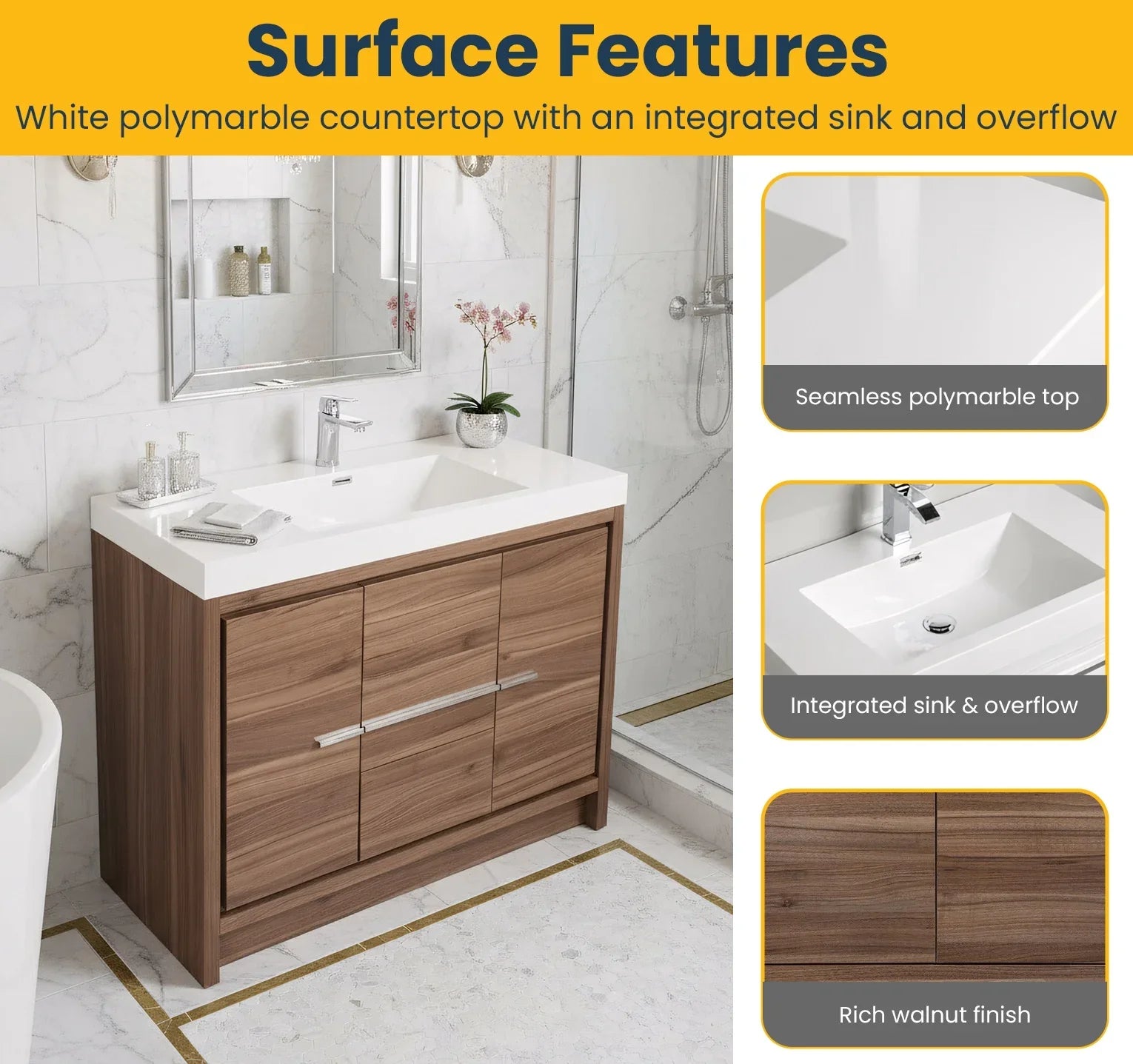 42" Walnut Freestanding Bathroom Vanity with White Polymarble Countertop