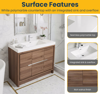 42" Walnut Freestanding Bathroom Vanity with White Polymarble Countertop