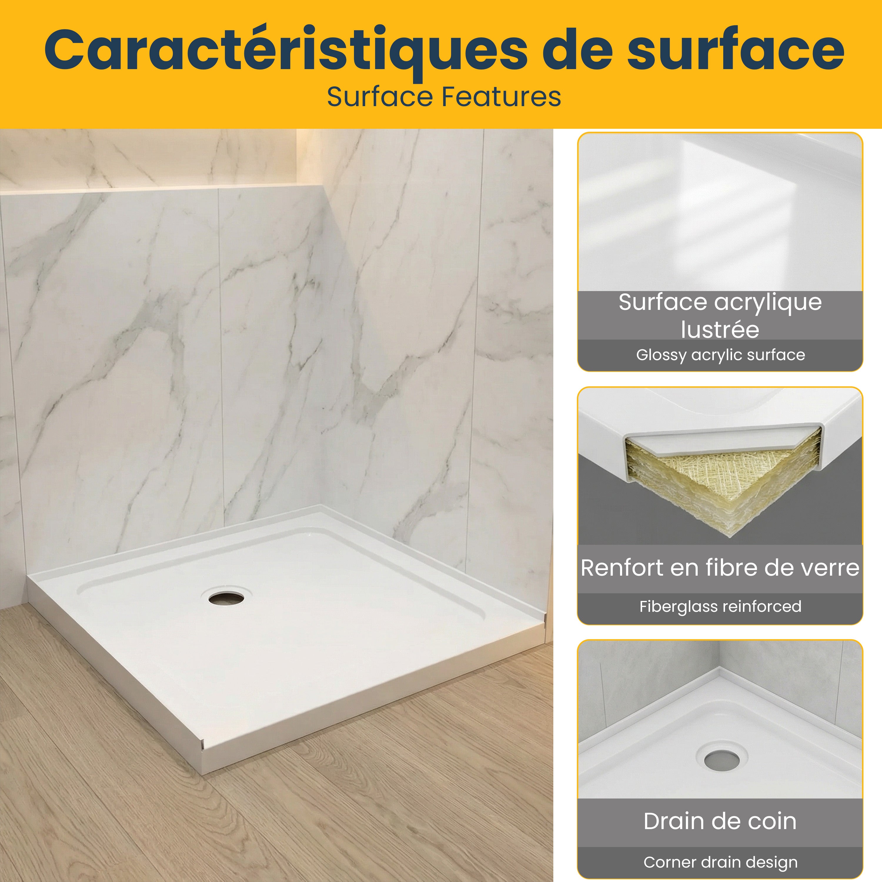 Base de douche acrylique blanc brillant 36po x 36po avec drain de coin