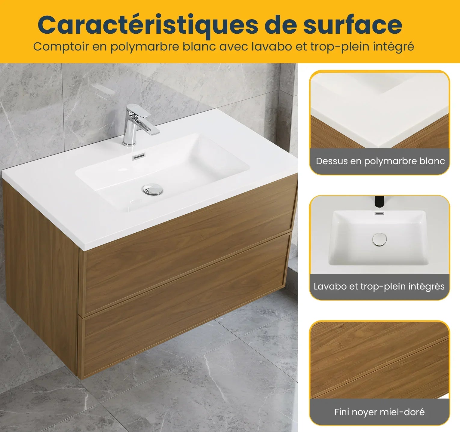 36" Honey Gold Walnut Wall Mount Bathroom Vanity with White Polymarble Countertop