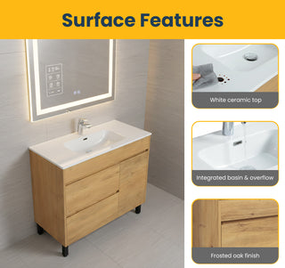 Meuble-Lavabo Autoportant 40 po Chêne Givré avec Comptoir de Céramique Blanc