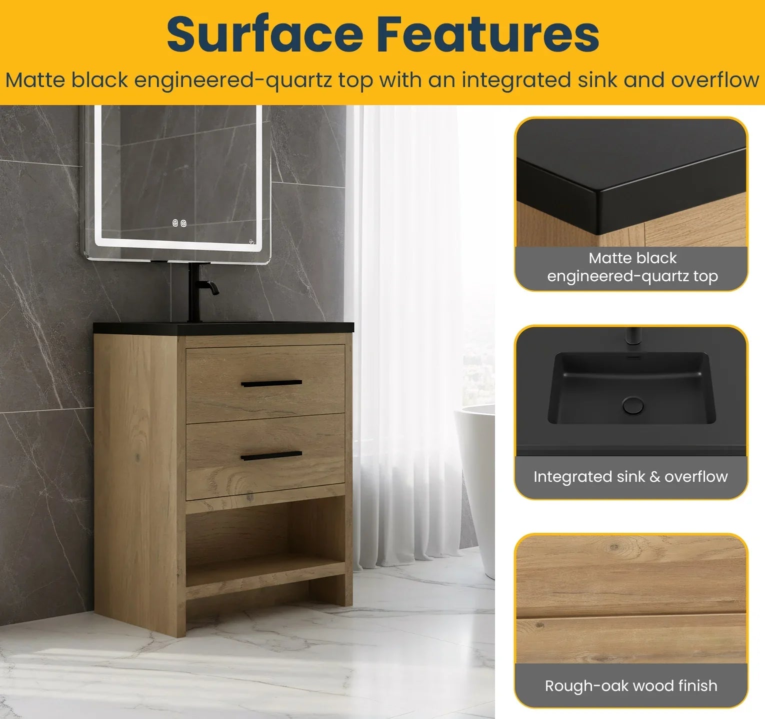 Meuble-lavabo Autoportant 24 po Chêne Brut avec Comptoir en Quartz Noir d’Ingénierie