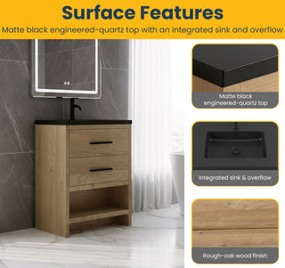 Meuble-lavabo Autoportant 24 po Chêne Brut avec Comptoir en Quartz Noir d’Ingénierie