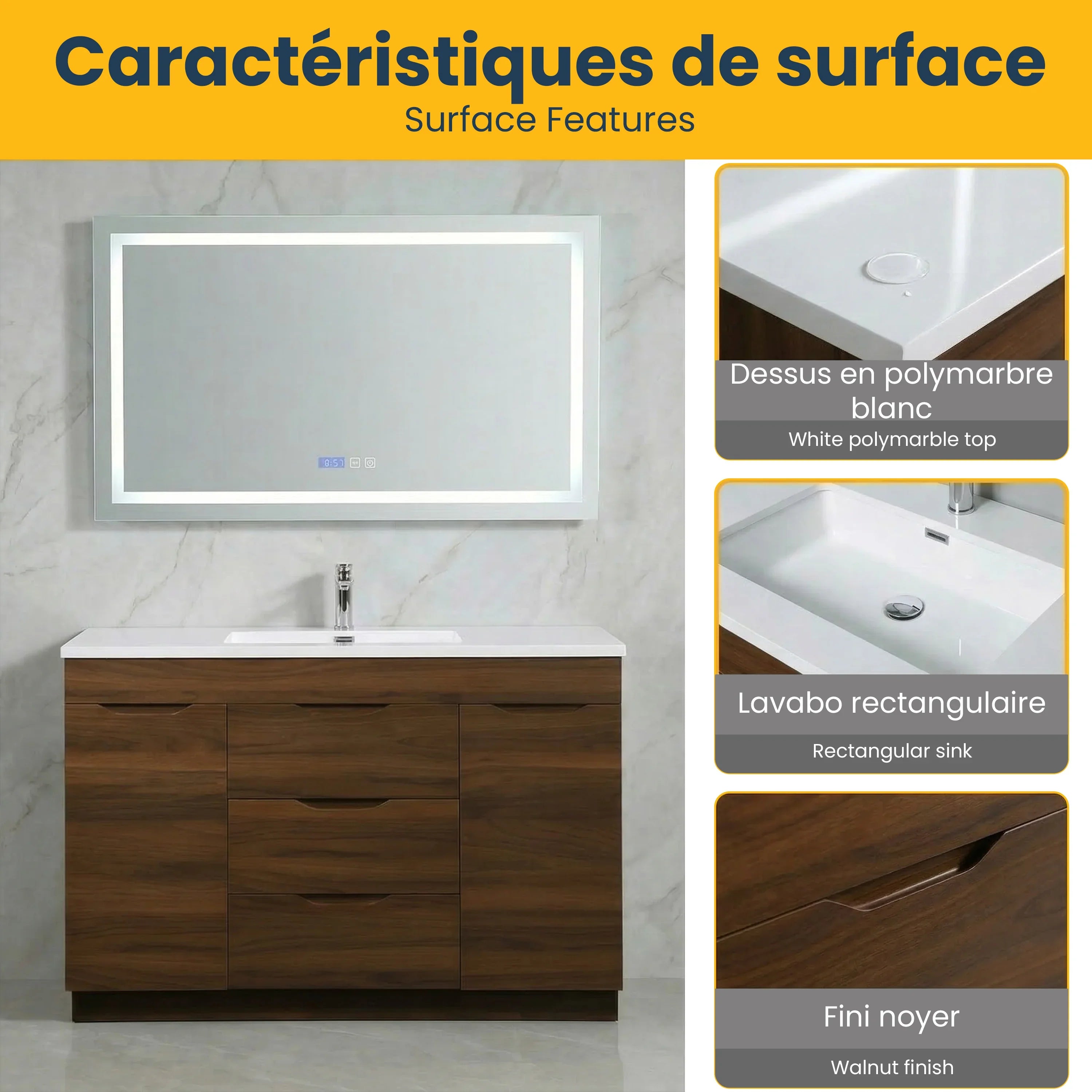 48" Walnut Freestanding Single Sink Bathroom Vanity with White Polymarble Countertop