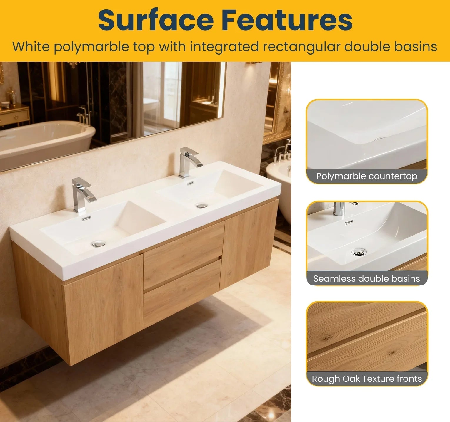 60" Rough Oak Wall Mount Double Sink Bathroom Vanity with White Polymarble Countertop