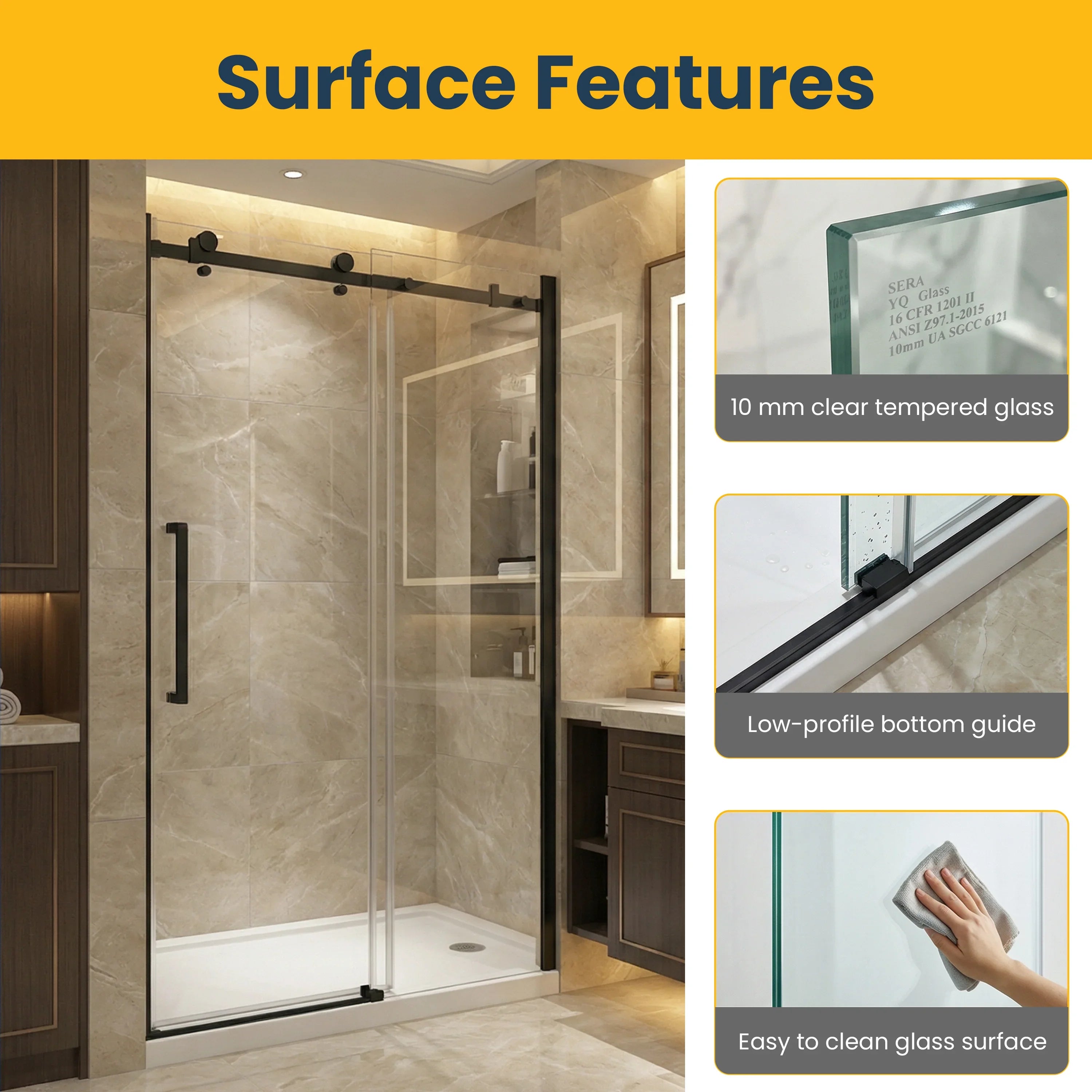 48" x 75" Alcove Reversible Sliding Shower Door with Square Black Hardware