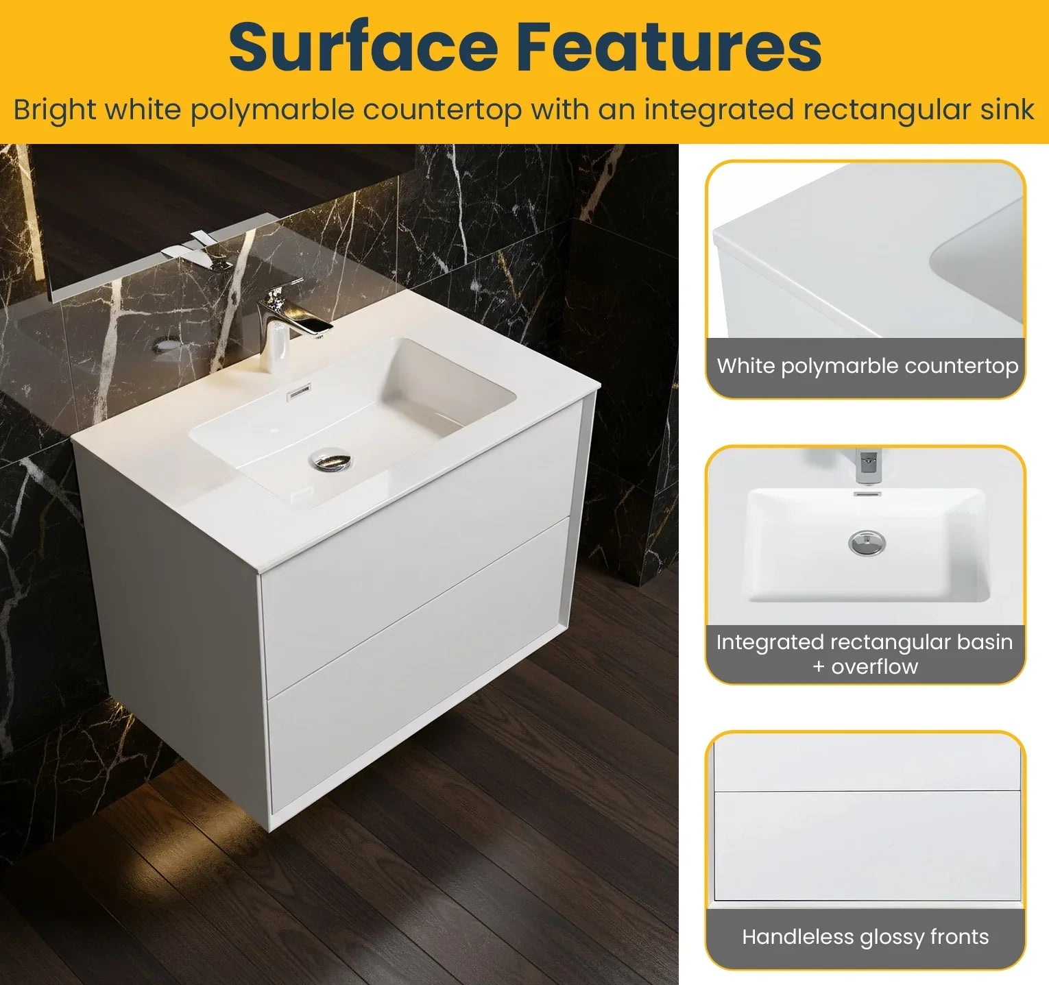 30" White Wall Mount Vanity with White Polymarble Countertop