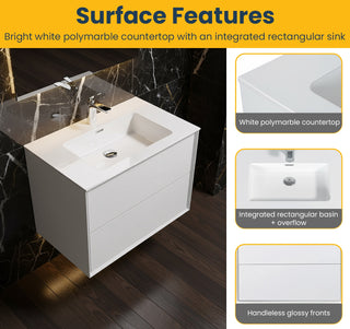 Meuble-lavabo mural blanc 30" avec Comptoir en polymarbre blanc