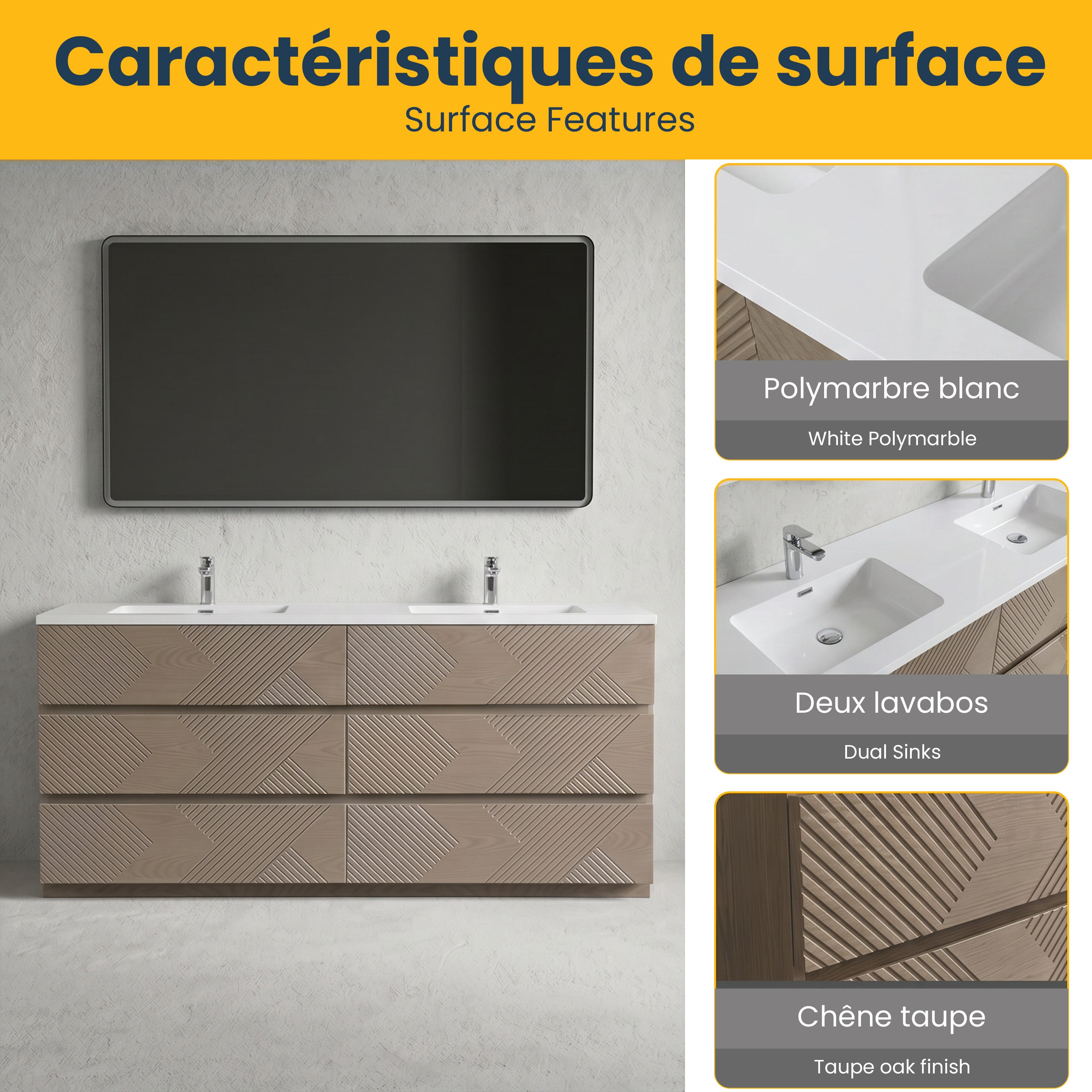 Meuble-Lavabo Autoportant 72po Chêne Taupe avec Comptoir de Polymarbre Blanc
