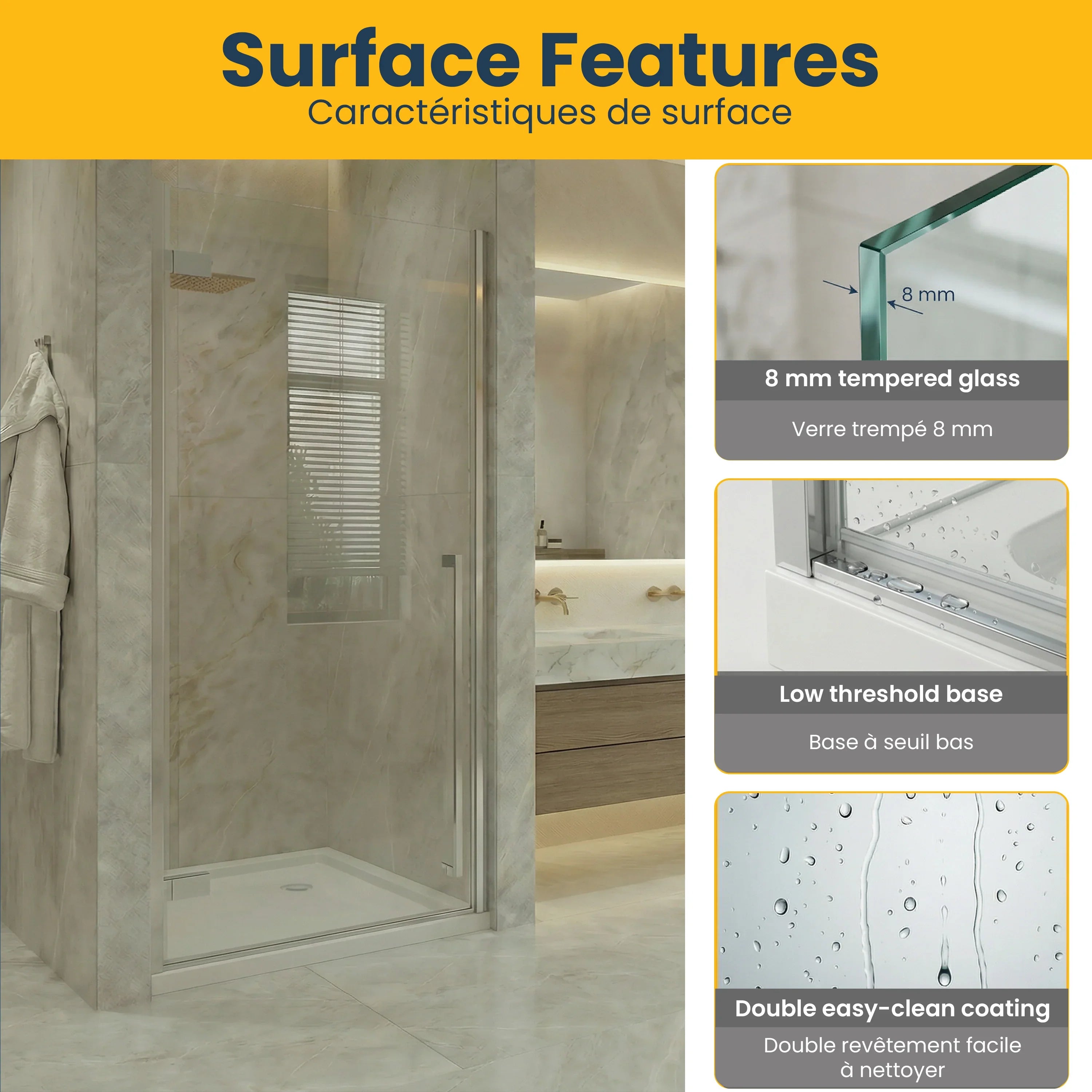 Porte de douche pivotante chromée 36po x 79po avec base acrylique blanche 36po