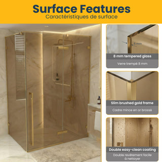 60 po x 79 po Panneau de Porte de Douche Fixe Pivotante Or Brossé Réversible avec Verre Teinté Brun et 32 po x 79 po Panneau Latéral