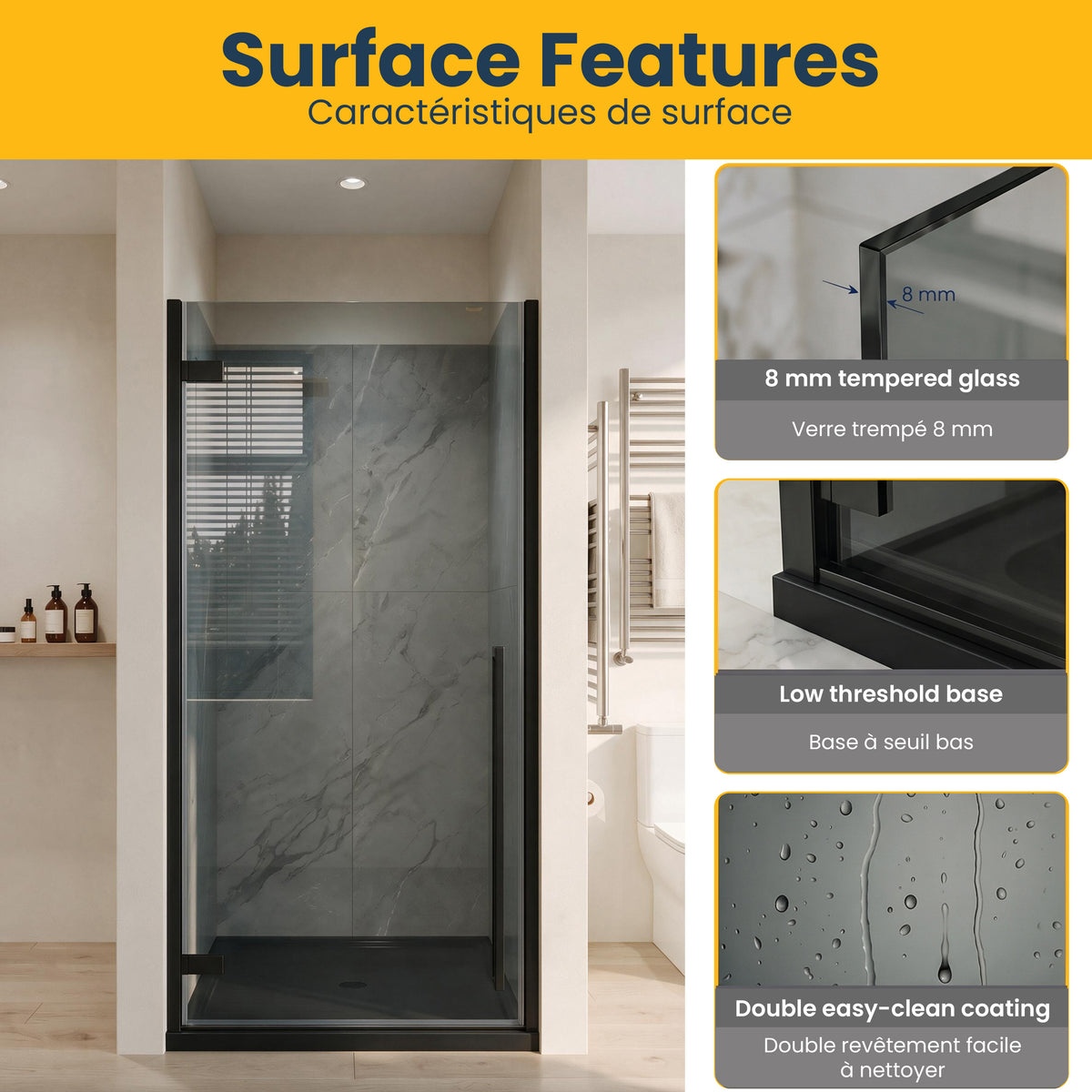 33.9"–34.3" W (Adjustable Width) x 79" H Frameless Reversible Pivot Shower Door in Matte Black with Black Tinted Glass & 36" Black Acrylic Base